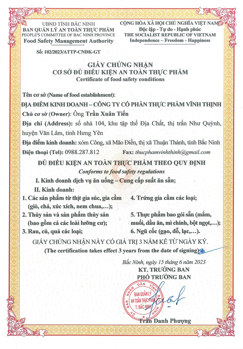CÔNG TY CỔ PHẦN THỰC PHẨM VĨNH THỊNH